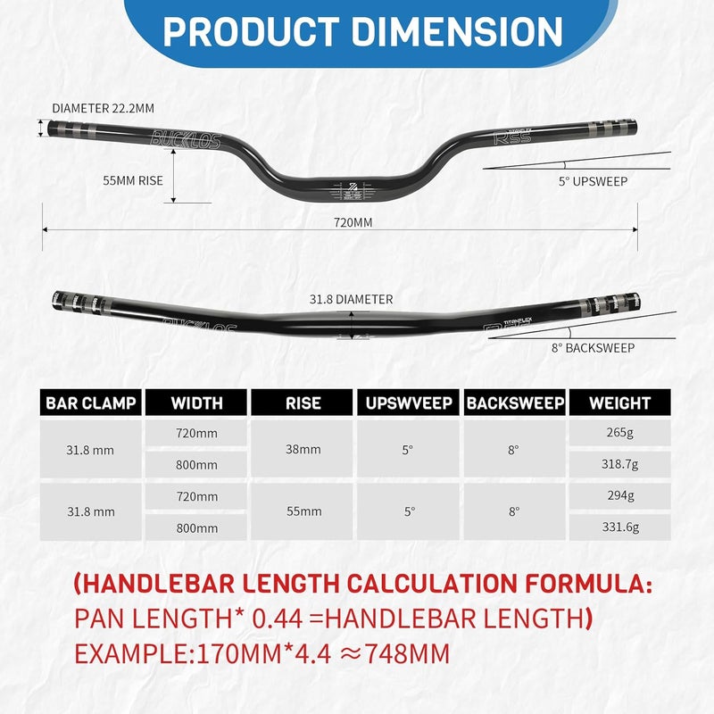 BUCKLOS 31.8mm—55mm Rise Mountain Bike Handlebars Riser Bar, Aluminum Alloy MTB Handlebar 720mm, Premium Matter Mount Bikes Bicycle Handle Bar - Image 4